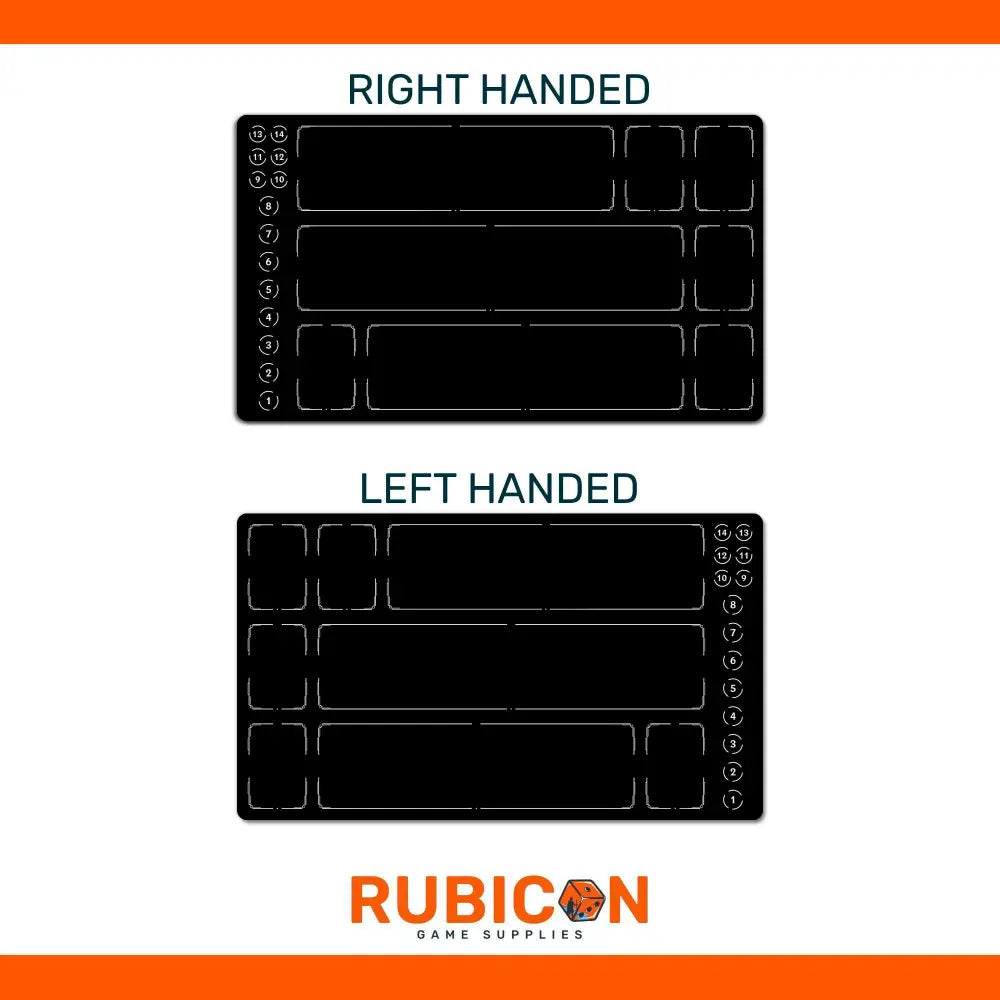 Two black templates for right and left-handed use with Rubicon Game Supplies branding on an orange and white background.