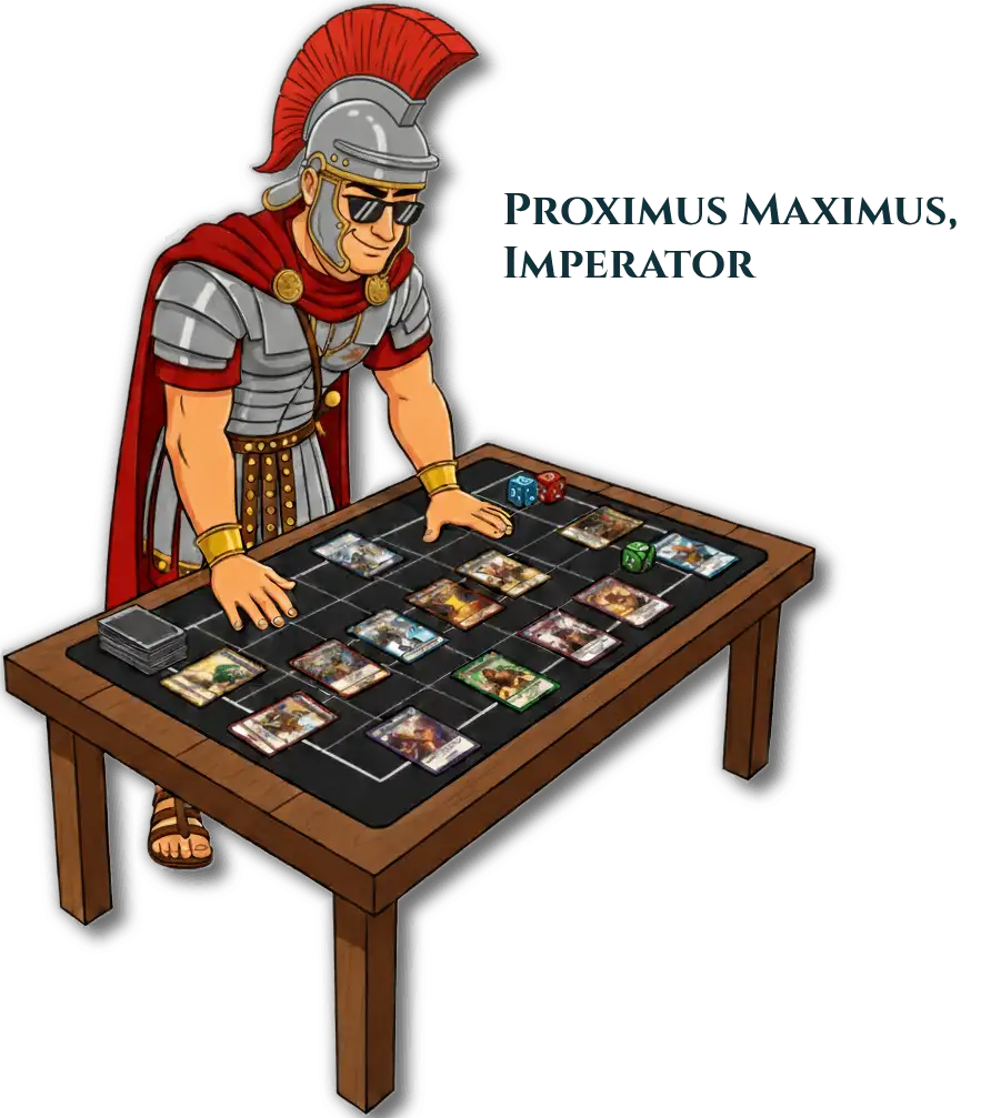 Roman soldier in silver armor and red cape plays a card game on a wooden table with colorful cards and dice.