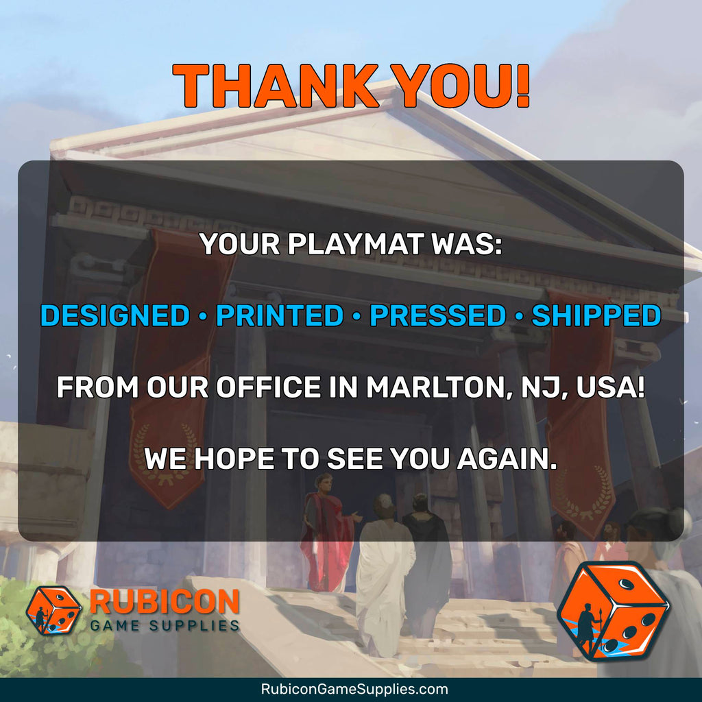 Thank you card: your playmat was designed, printed, pressed and shipped by Rubicon Game Supplies