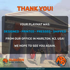 Thank you card: your playmat was designed, printed, pressed and shipped by Rubicon Game Supplies