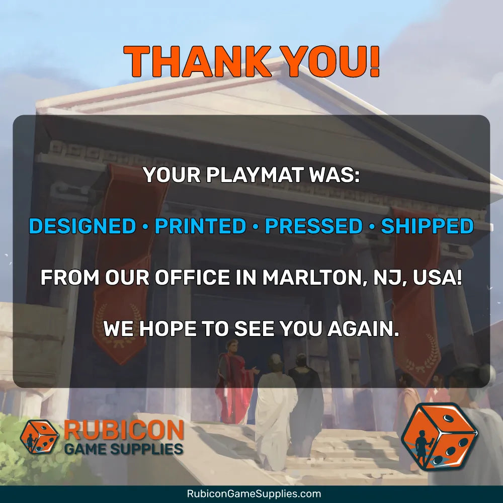 A promotional thank-you graphic for Rubicon Game Supplies showing a classical building facade in the background with large orange text reading 'THANK YOU!' and white, blue, and orange text about the playmat being designed, printed, pressed, and shipped from their office in Marlton, NJ, USA. Rubicon Game Supplies logos and website appear at the bottom.