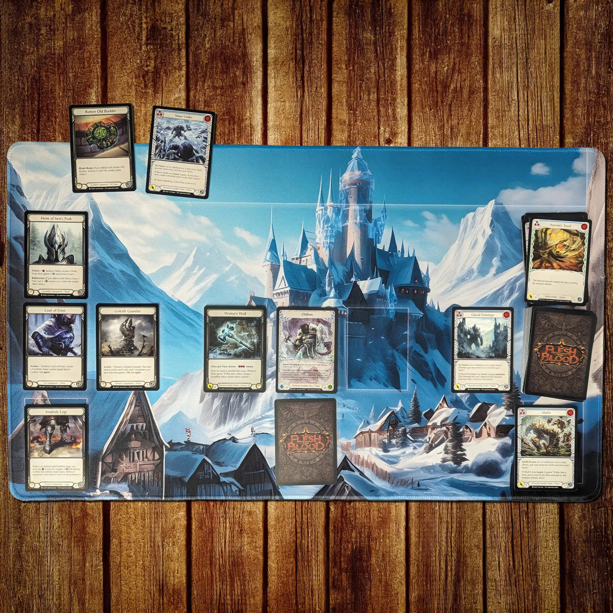 Flesh and Blood playmat crafted from durable 3 mm neoprene with stitched edges, featuring vibrant 4K high-definition artwork inspired by the game's lore. Available with or without zones, including options for single, double, or classic layouts, it offers clear areas for equipment, hero, pitch, and combat chain while maintaining a non-slip rubber base for stability during gameplay.