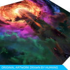 Close-up of the Slay the Spire playmat's original nebula and spire artwork
