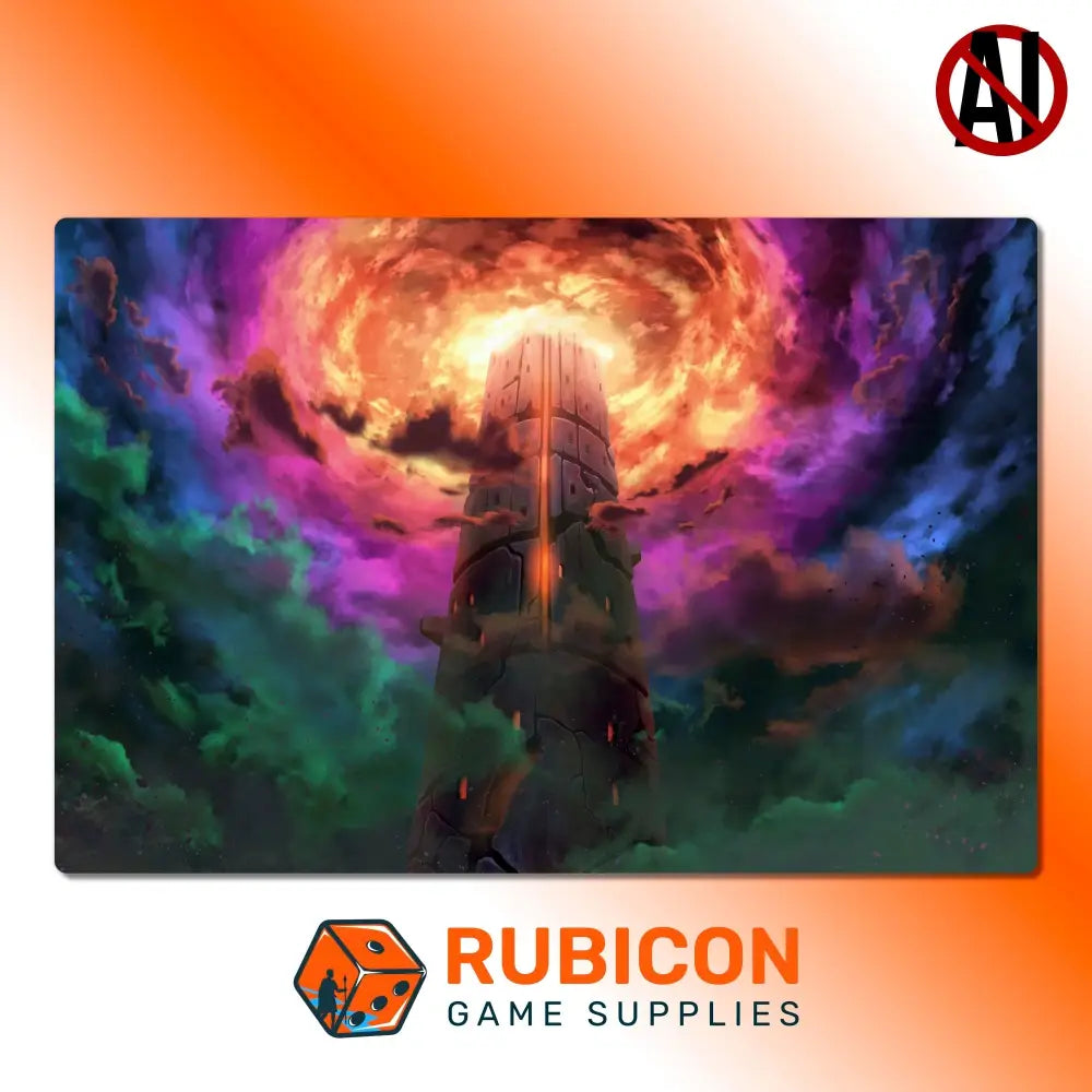 Gaming mat with space-themed design and Rubicon Game Supplies logo.