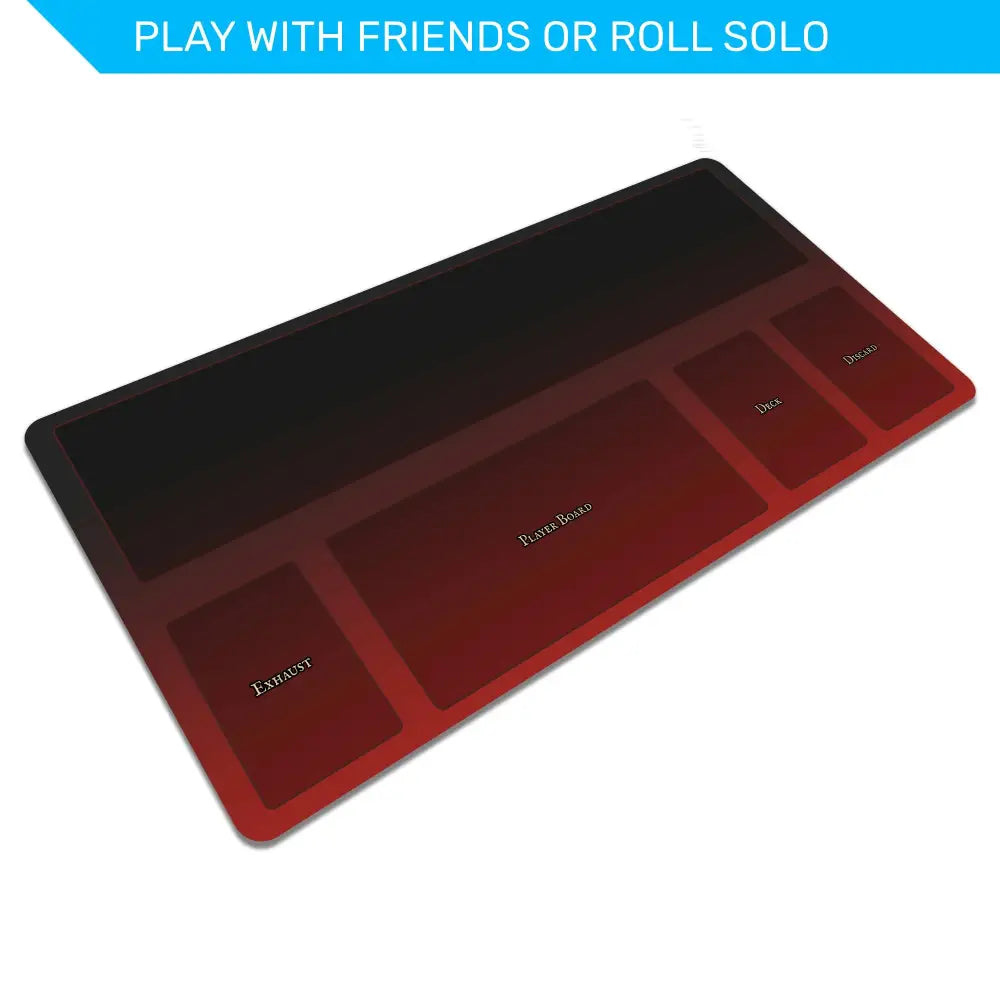 Red and black game mat with compartments labeled 'Library', 'Dice', and 'Dice' on a white background.