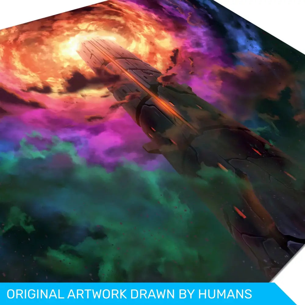 Tower in front of a colorful nebula with 'Original Artwork Drawn by Humans' text at the bottom.