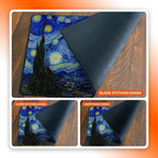 Custom playmat edge options shown on a Starry Night print: black stitched, clear stitched and unstitched edges