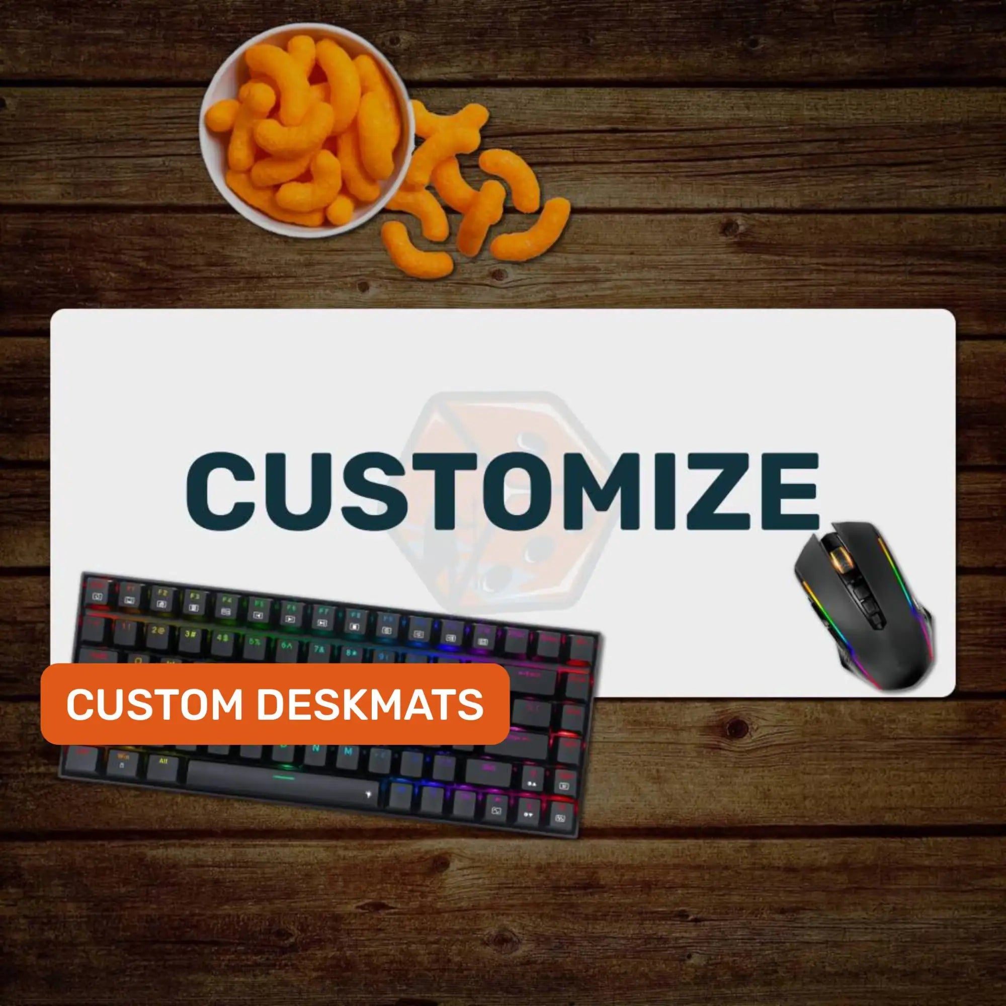 White customizable desk mat featuring the word ’customize’ in bold dark green letters, displayed with a keyboard and mouse for scale.