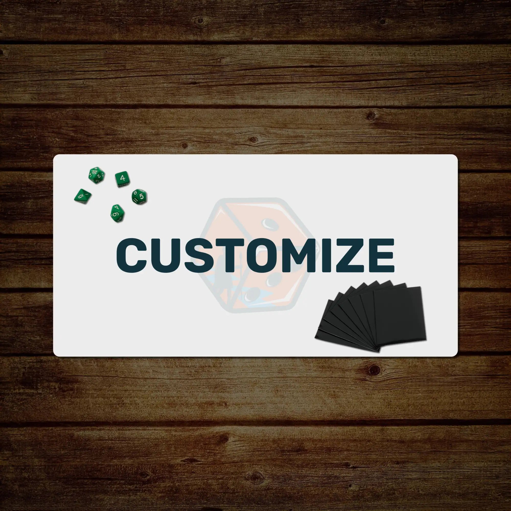 White customizable gaming mat with green dice and black cards displayed on a wooden surface