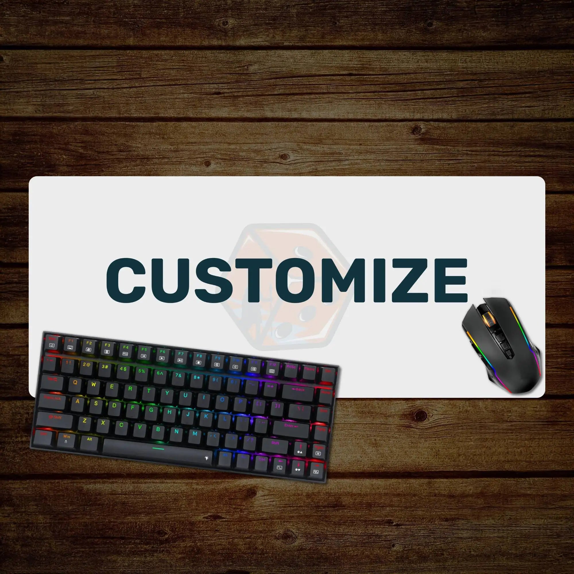 White customizable mousepad with bold dark teal ’customize’ text and a subtle hexagonal dice graphic beneath it