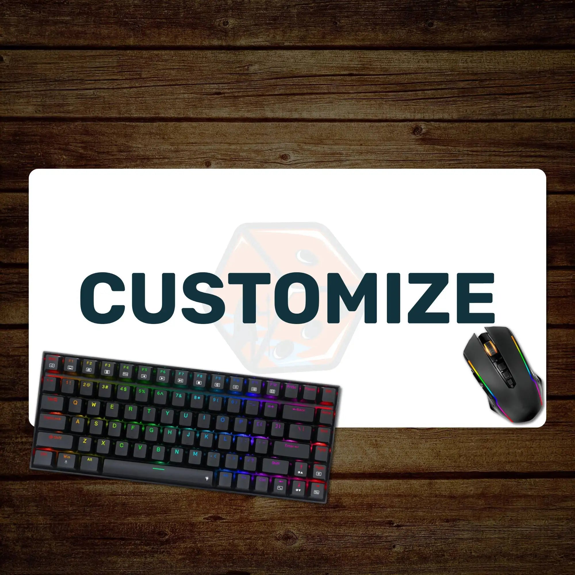 White customizable mousepad with ’customize’ text and a translucent dice graphic, positioned beneath a black mechanical keyboard and gaming mouse.