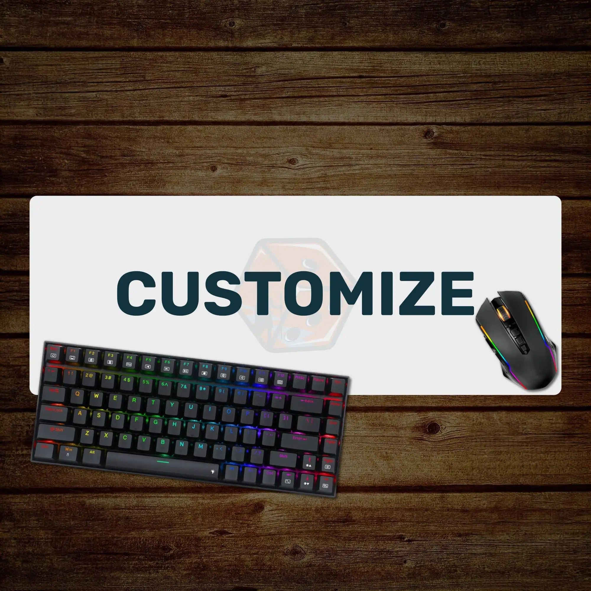 White customizable mousepad with a subtle hexagonal dice design and the word ’customize’ printed in bold dark teal letters, positioned beside an rgb-backlit mechanical keyboard and gaming mouse on a rustic wooden surface.