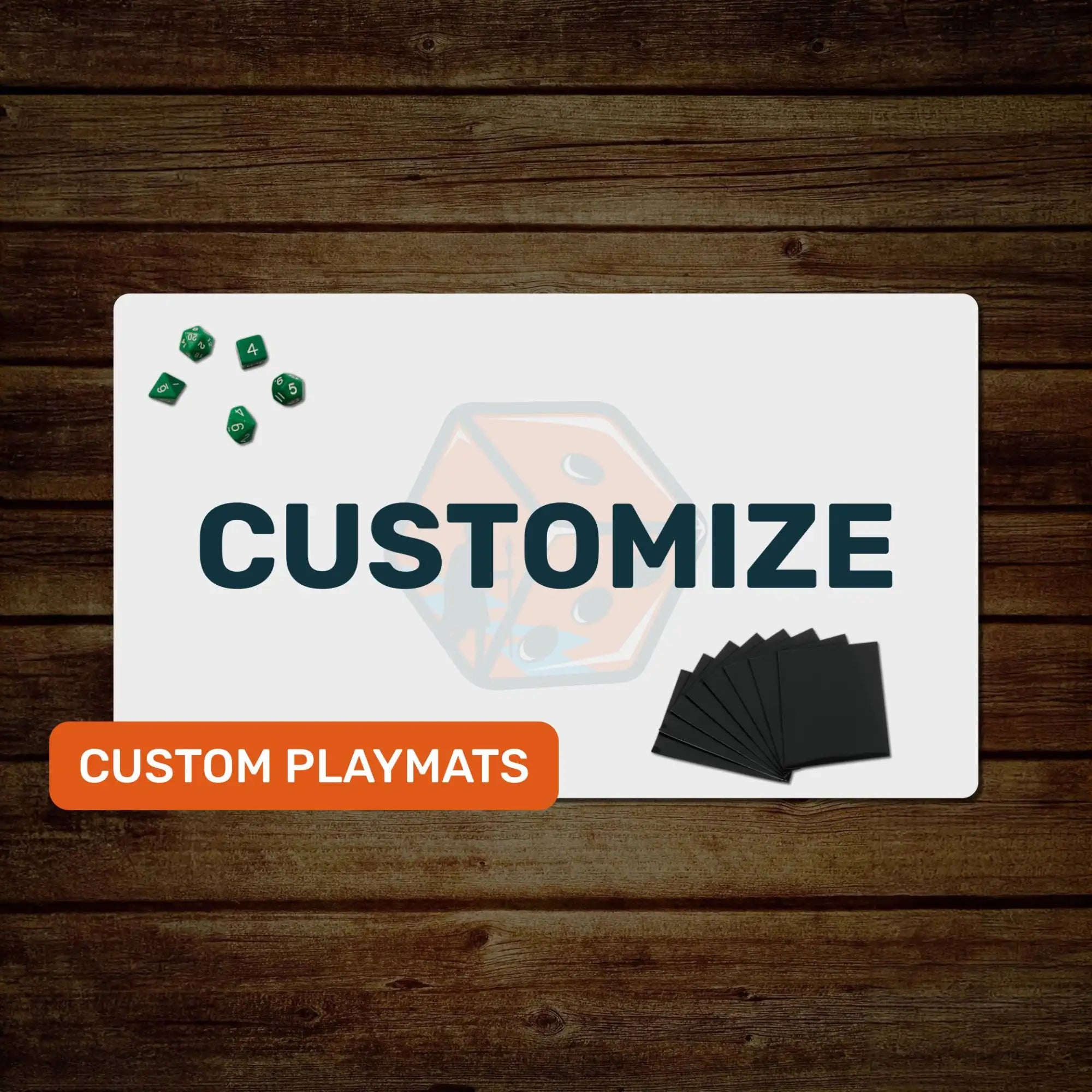 White customizable playmat with green polyhedral dice and black card sleeves displayed on a wooden surface.