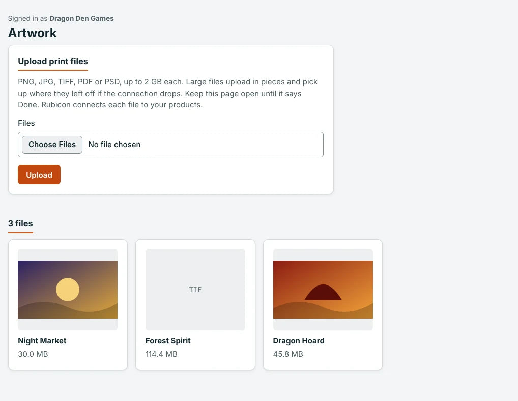 Artwork page in the partner portal for uploading print files up to 2 GB