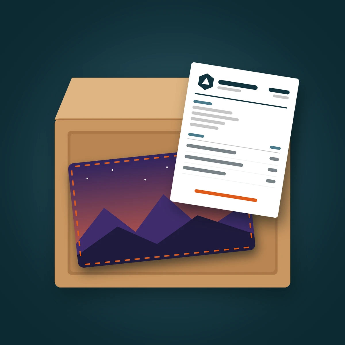 Illustration of a shipping box holding a custom printed playmat and a packing slip with the partner's logo