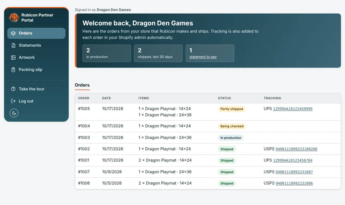 Rubicon partner portal orders page with status and tracking for each order