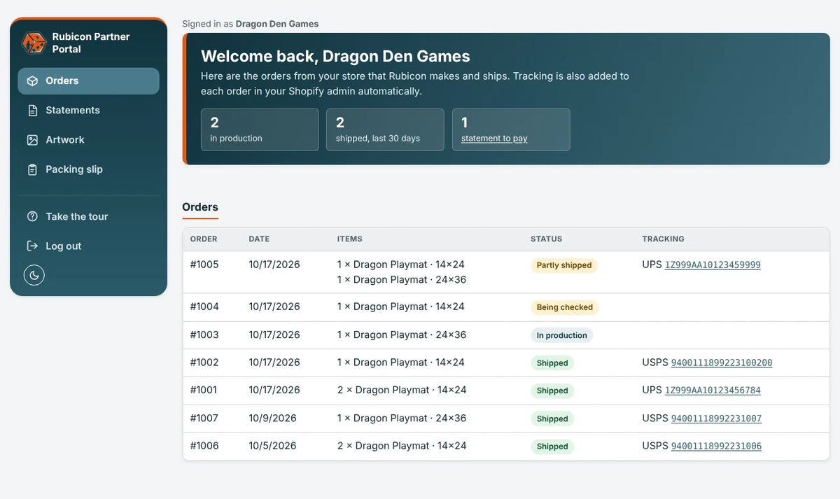 Rubicon partner portal orders page with status and tracking for each order