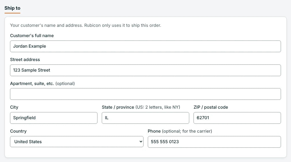 New order form in the partner portal with the customer's shipping address