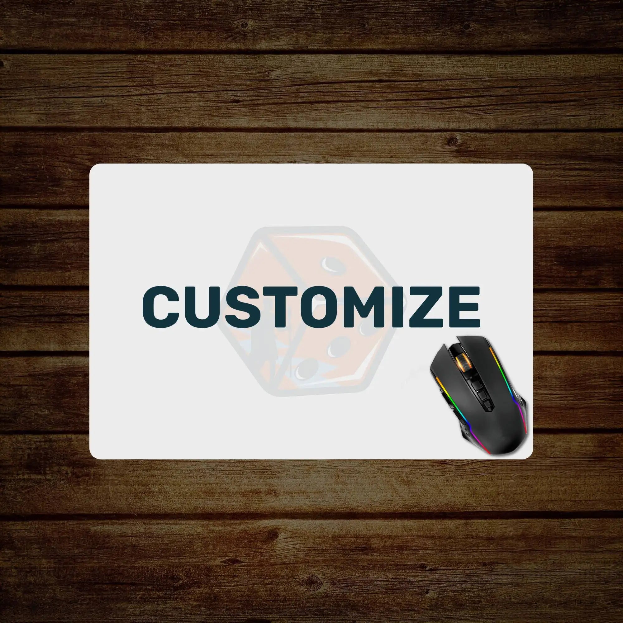White rectangular mousepad with ’customize’ text and a translucent die graphic, featuring a black gaming mouse with rgb lighting on its side