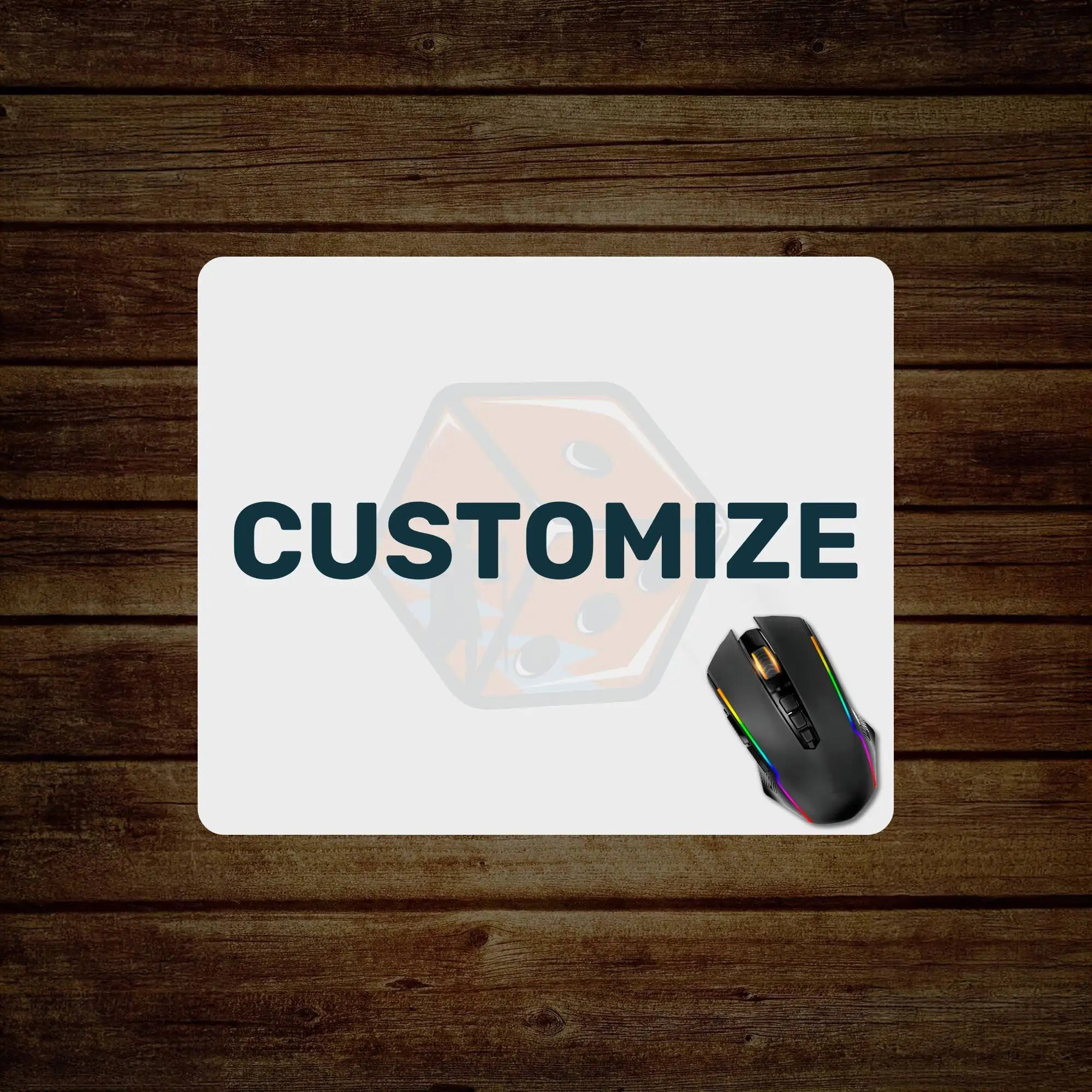 White rectangular mousepad featuring a translucent dice graphic and the word ’customize’ in bold dark teal letters, with a black gaming mouse displaying rainbow rgb lighting placed on its right side.