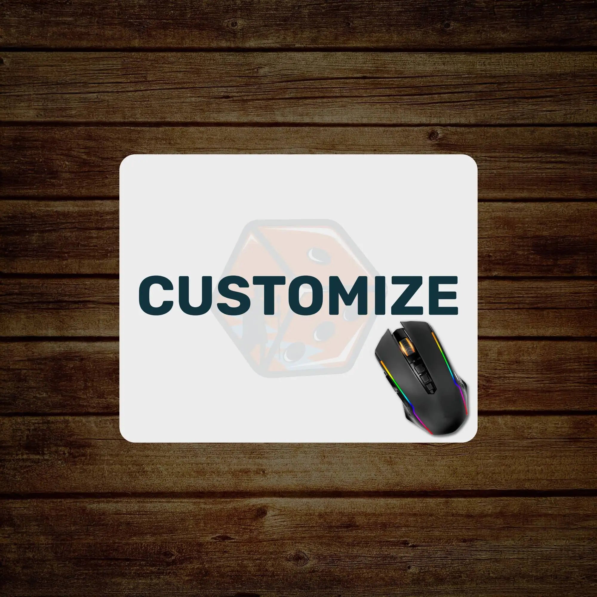 White rectangular mousepad featuring a translucent die graphic and the word ’customize’ in bold dark teal letters, with a black gaming mouse displaying rgb lighting resting on its right side.
